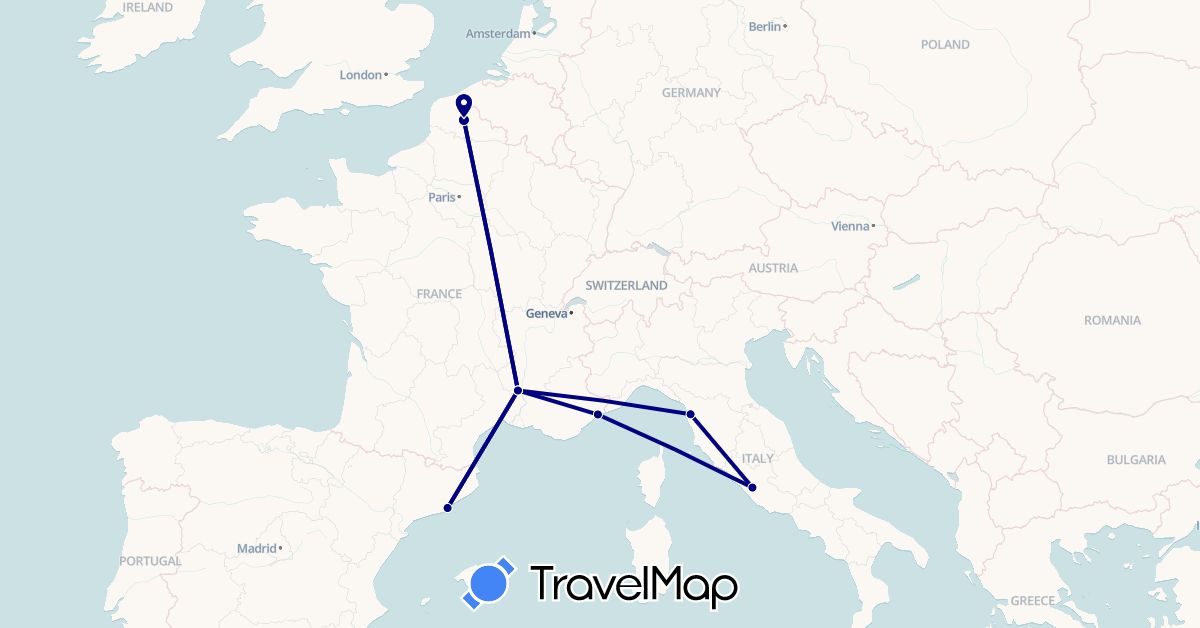 TravelMap itinerary: driving in Spain, France, Italy (Europe)